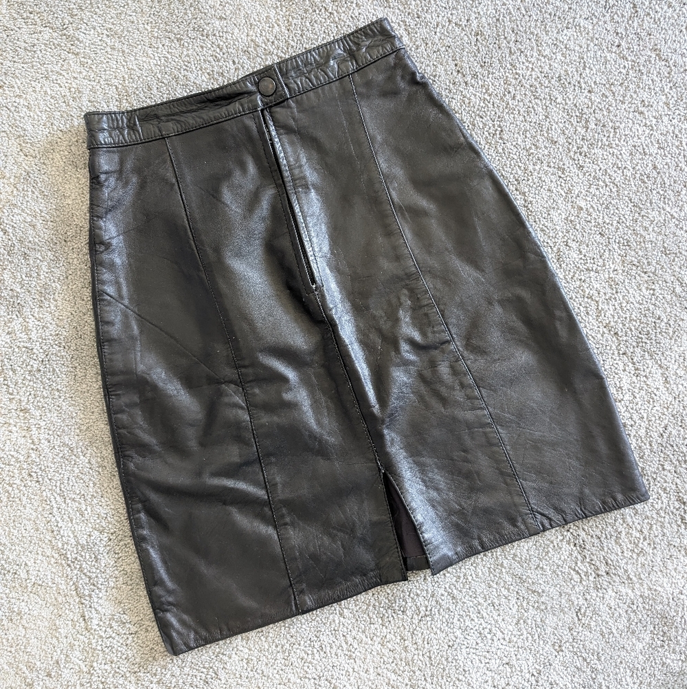 Vintage Genuine Leather Pencil Skirt with Front Slit